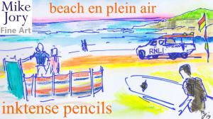 The Sunday Art Show - Flat at Fistral - En Plein air inktense pencils beach painting